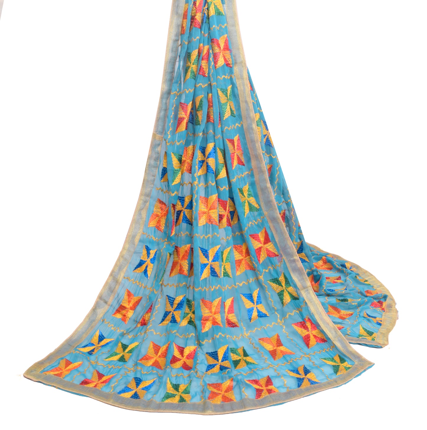 Sushila Vintage Turquoise Blue Chiffon Dupatta Phulkari Embroidered Long Stole