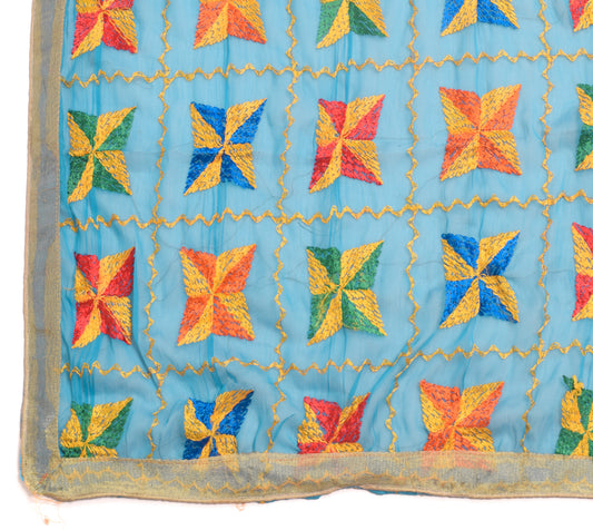 Sushila Vintage Turquoise Blue Chiffon Dupatta Phulkari Embroidered Long Stole