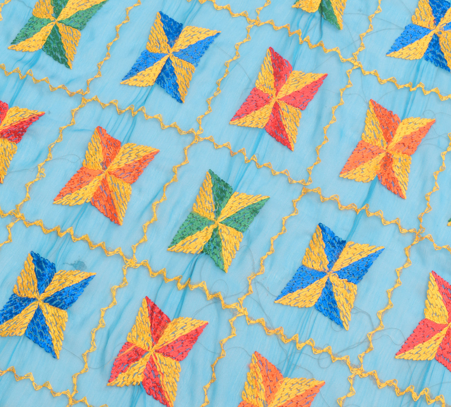 Sushila Vintage Turquoise Blue Chiffon Dupatta Phulkari Embroidered Long Stole