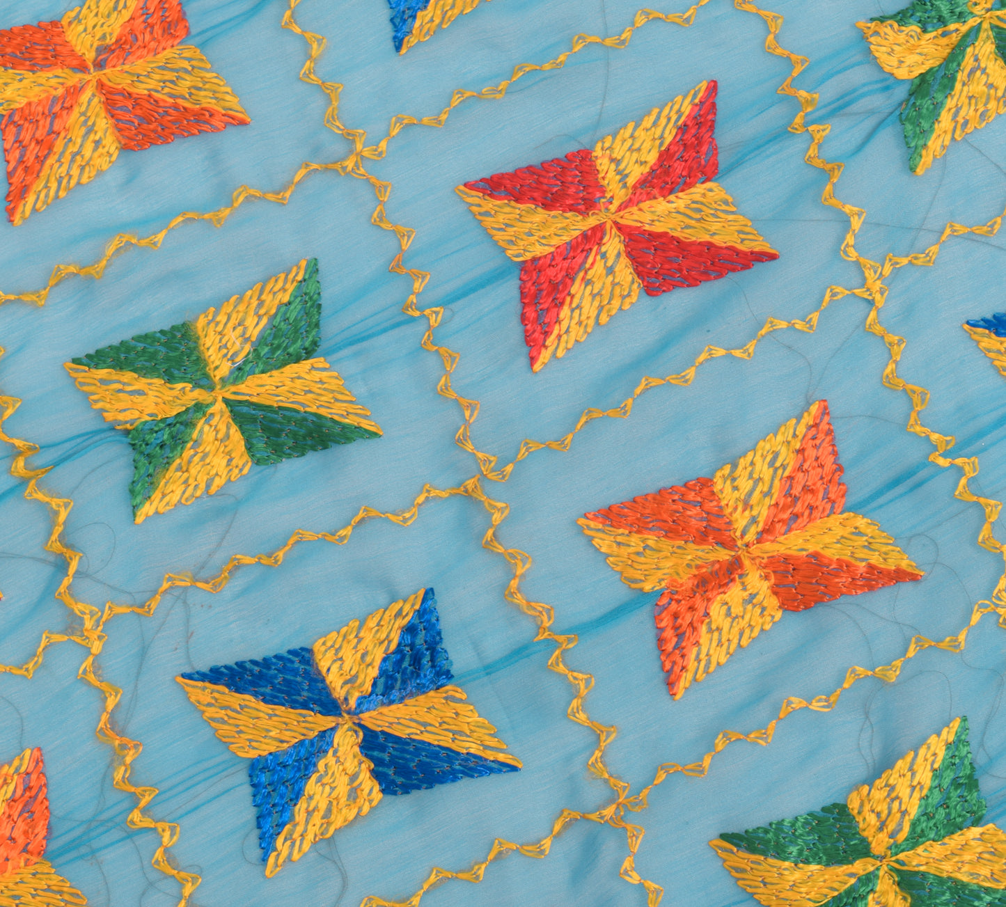Sushila Vintage Turquoise Blue Chiffon Dupatta Phulkari Embroidered Long Stole