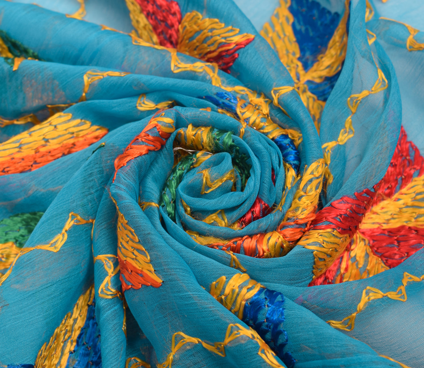 Sushila Vintage Turquoise Blue Chiffon Dupatta Phulkari Embroidered Long Stole