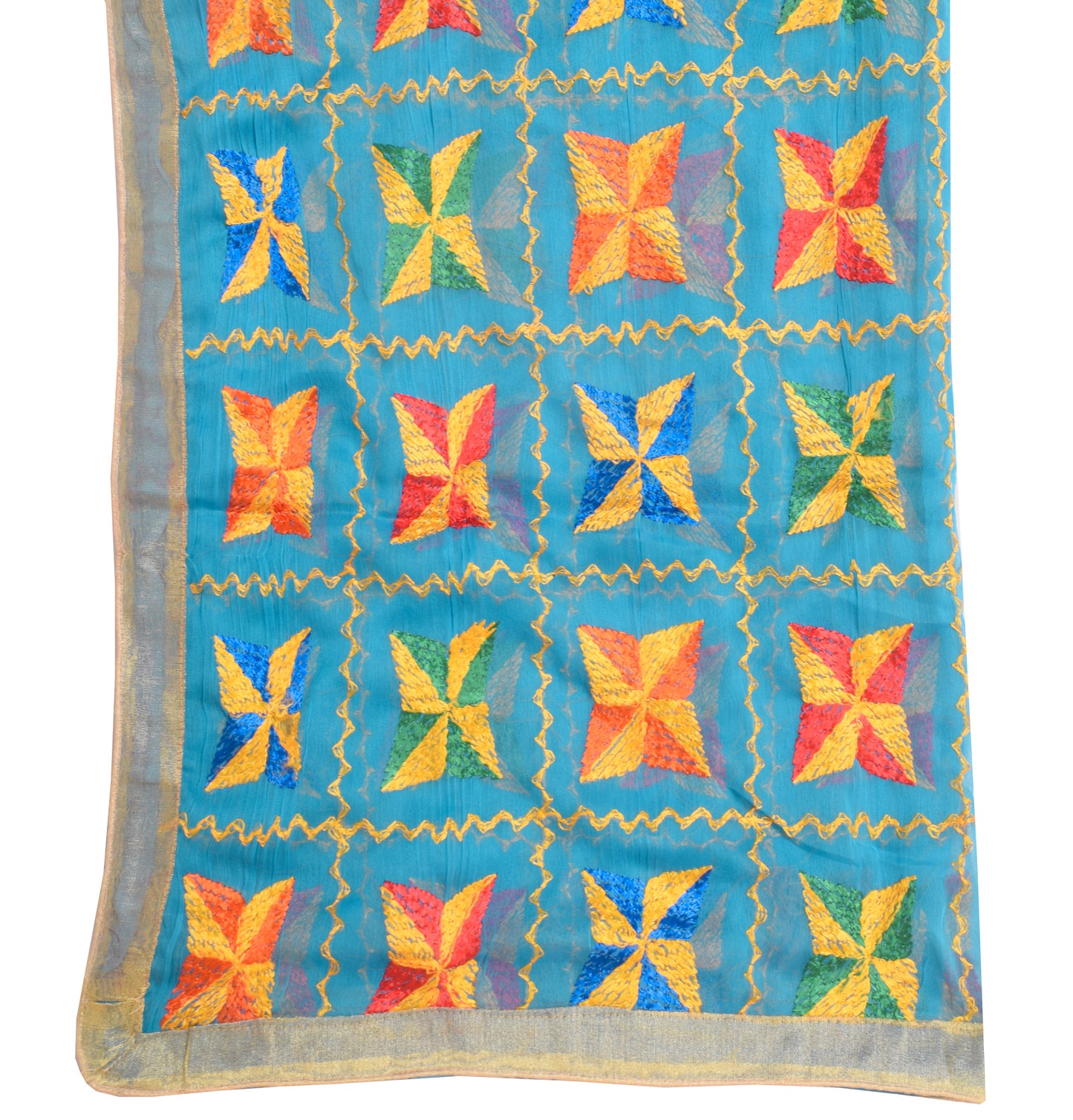 Sushila Vintage Turquoise Blue Chiffon Dupatta Phulkari Embroidered Long Stole
