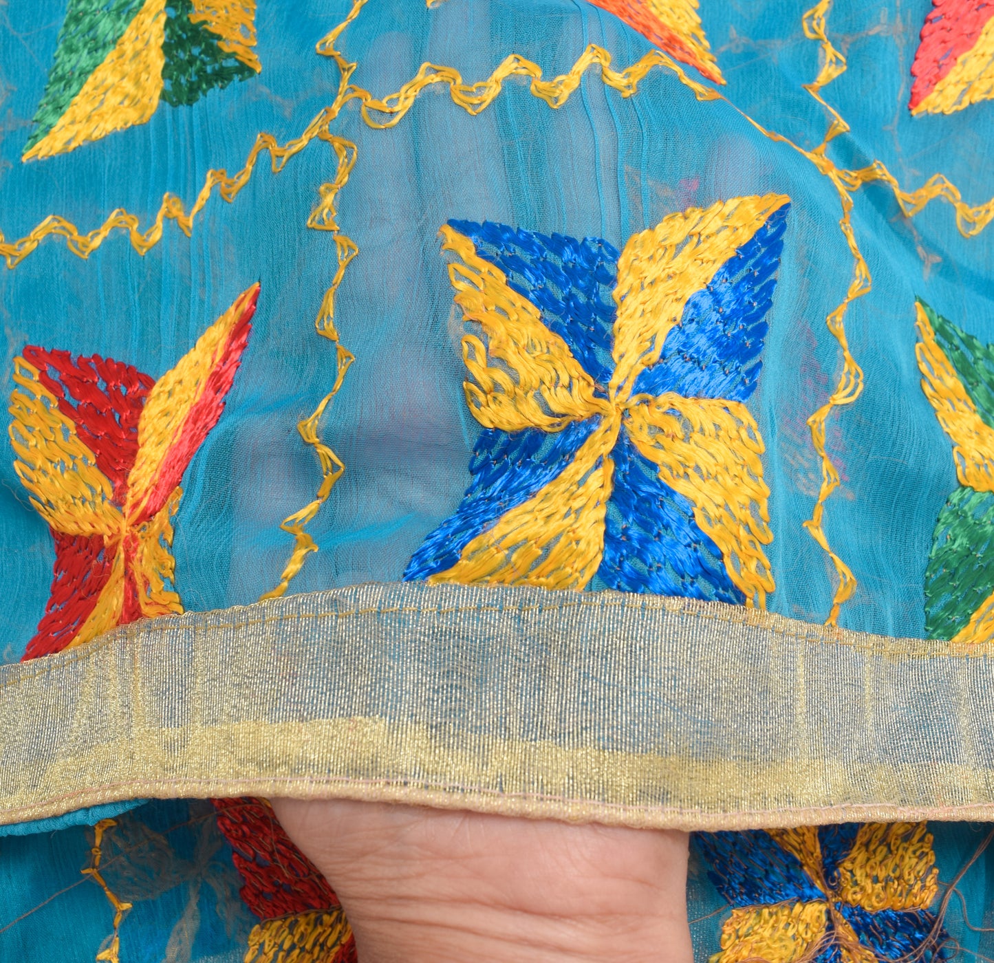 Sushila Vintage Turquoise Blue Chiffon Dupatta Phulkari Embroidered Long Stole