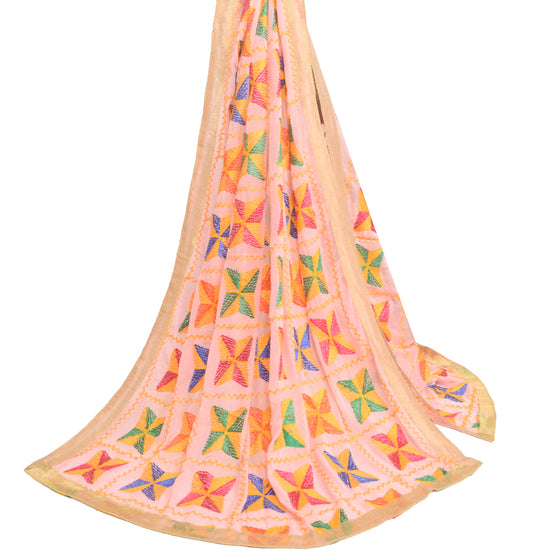 Sushila Vintage BabyPink Chiffon  Dupatta Phulkari Embroidered Floral Long Stole