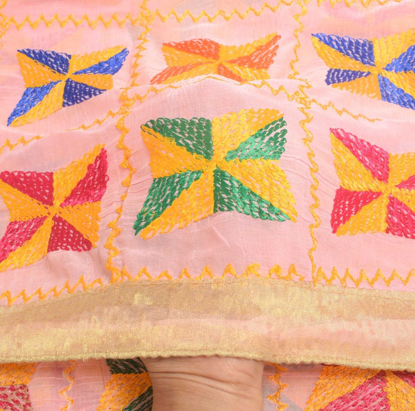 Sushila Vintage BabyPink Chiffon  Dupatta Phulkari Embroidered Floral Long Stole