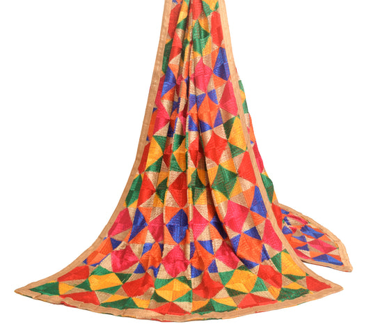 Sushila Vintage Multi-Color Chiffon Silk  Dupatta Phulkari Embroidery Long Stole
