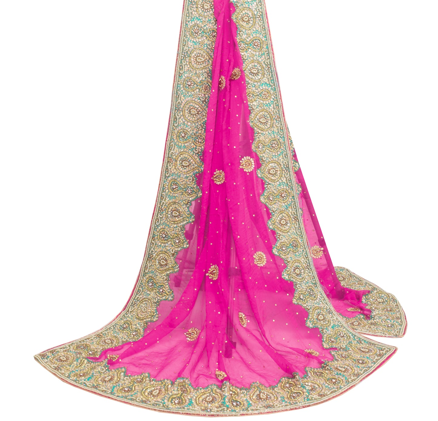 Sushila Vintage Hot Pink Heavy Dupatta Pure Chiffon Silk Hand Beaded Long Stole