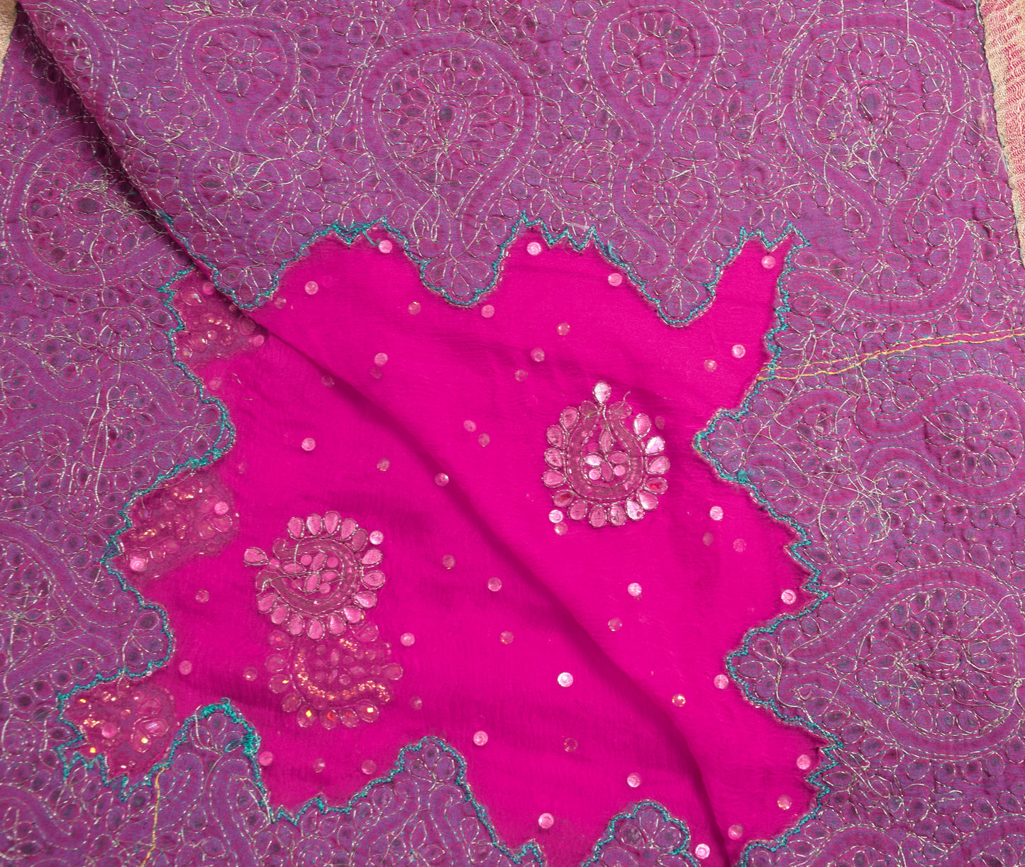 Sushila Vintage Hot Pink Heavy Dupatta Pure Chiffon Silk Hand Beaded Long Stole