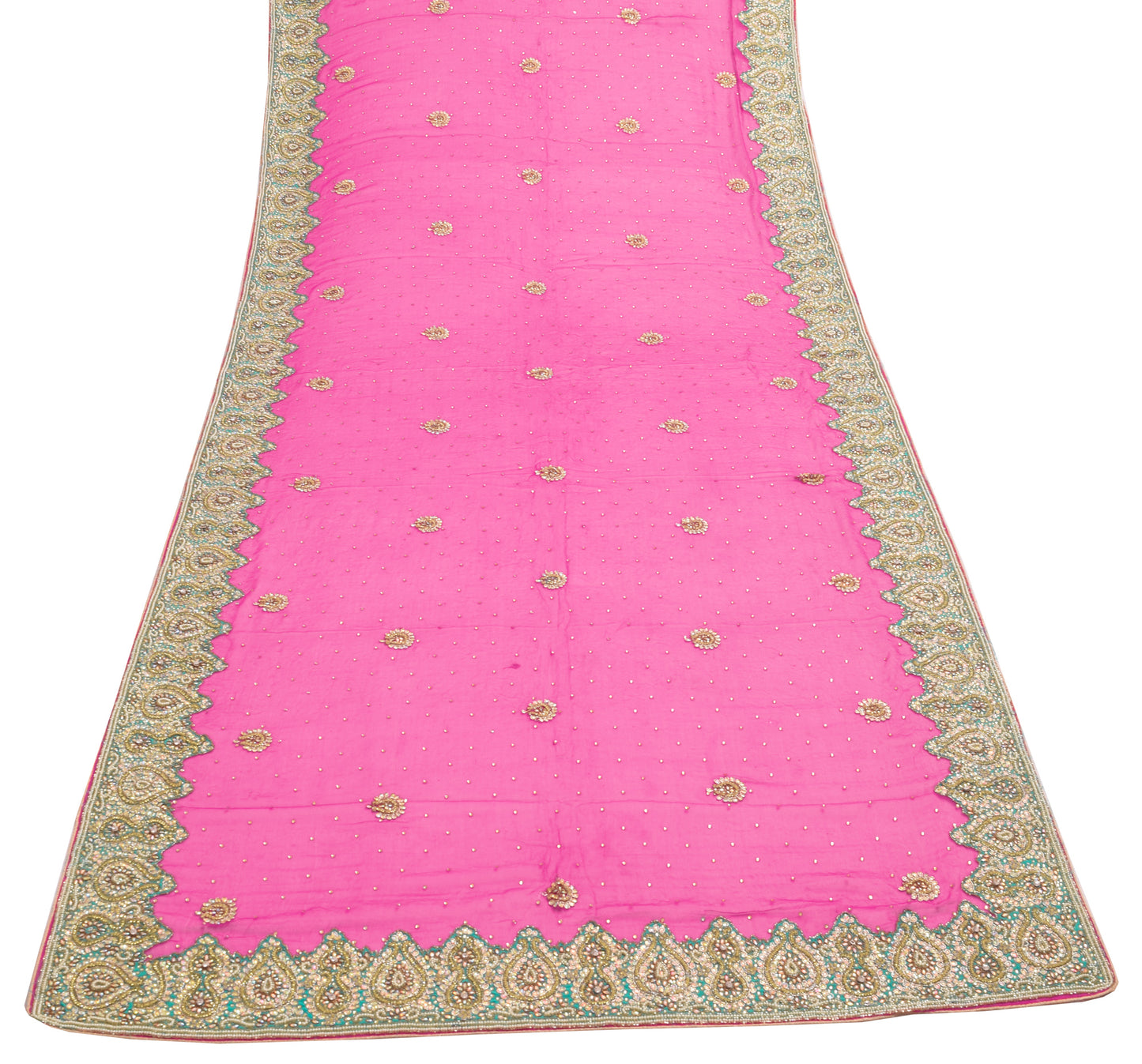 Sushila Vintage Hot Pink Heavy Dupatta Pure Chiffon Silk Hand Beaded Long Stole
