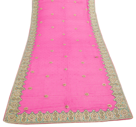 Sushila Vintage Hot Pink Heavy Dupatta Pure Chiffon Silk Hand Beaded Long Stole