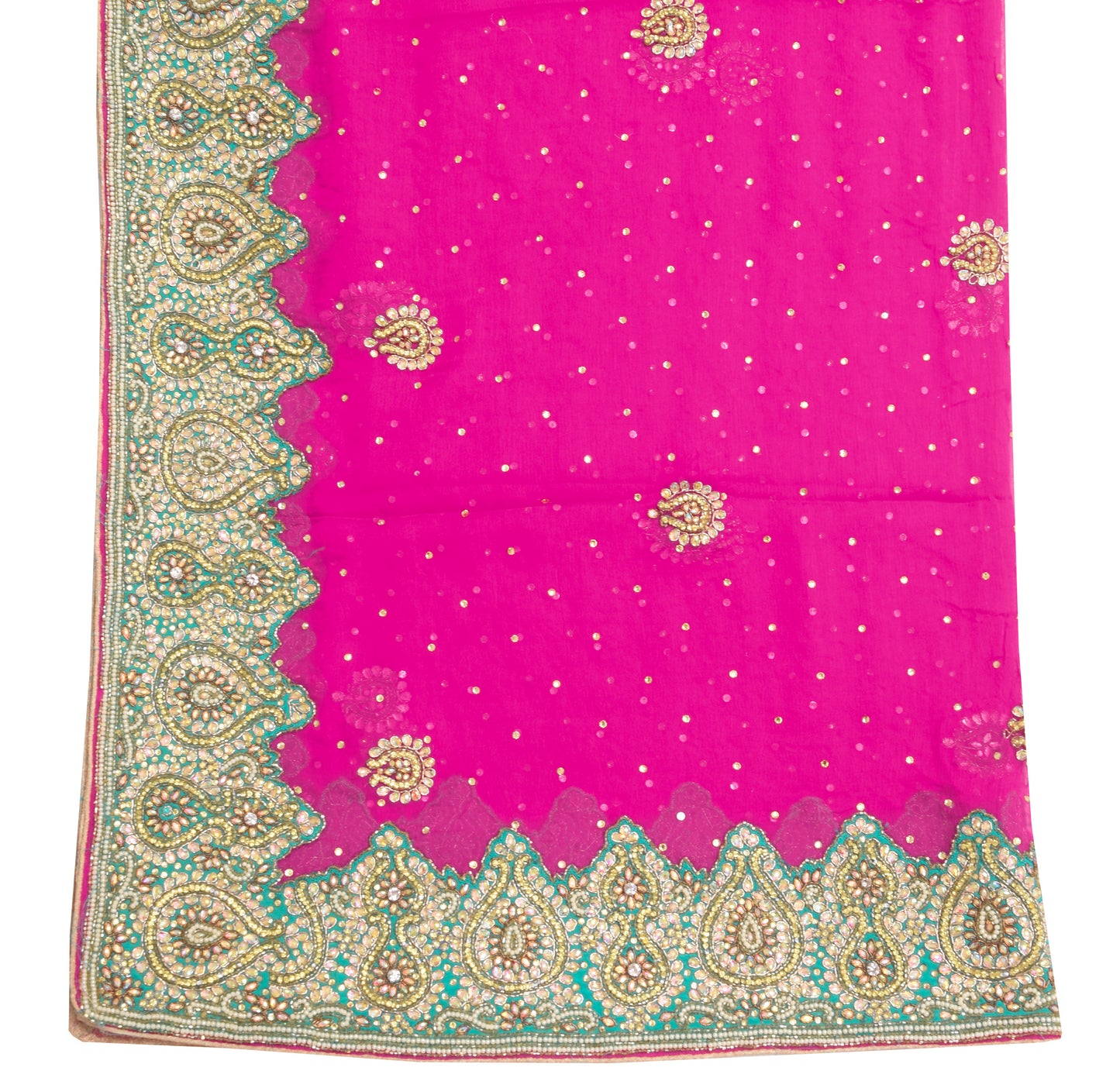 Sushila Vintage Hot Pink Heavy Dupatta Pure Chiffon Silk Hand Beaded Long Stole