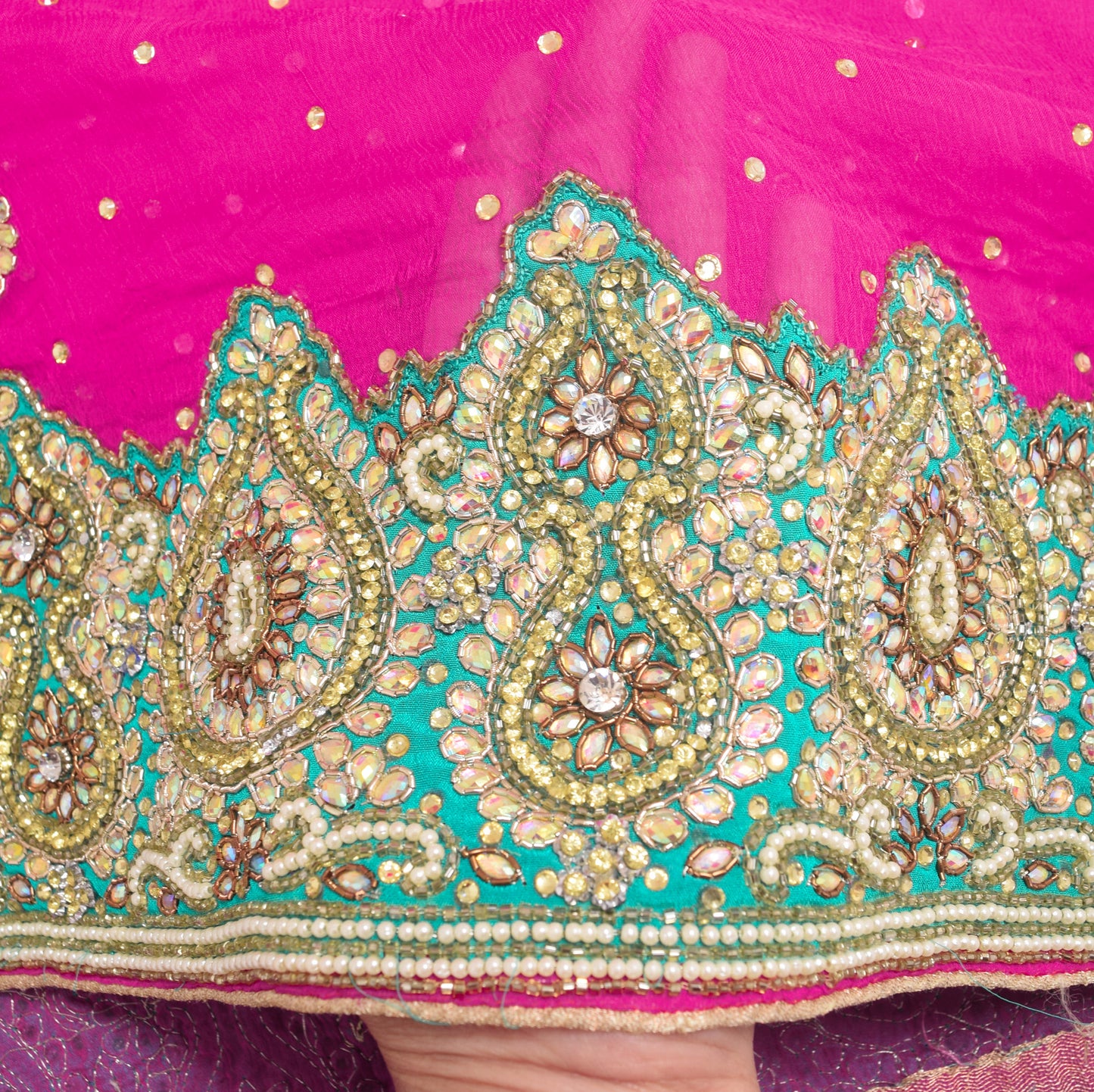 Sushila Vintage Hot Pink Heavy Dupatta Pure Chiffon Silk Hand Beaded Long Stole