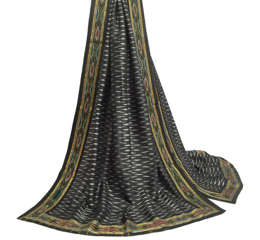 Sushila Vintage Black Hand Woven Ikkat Patola Dupatta 100% Pure Silk Long Stole