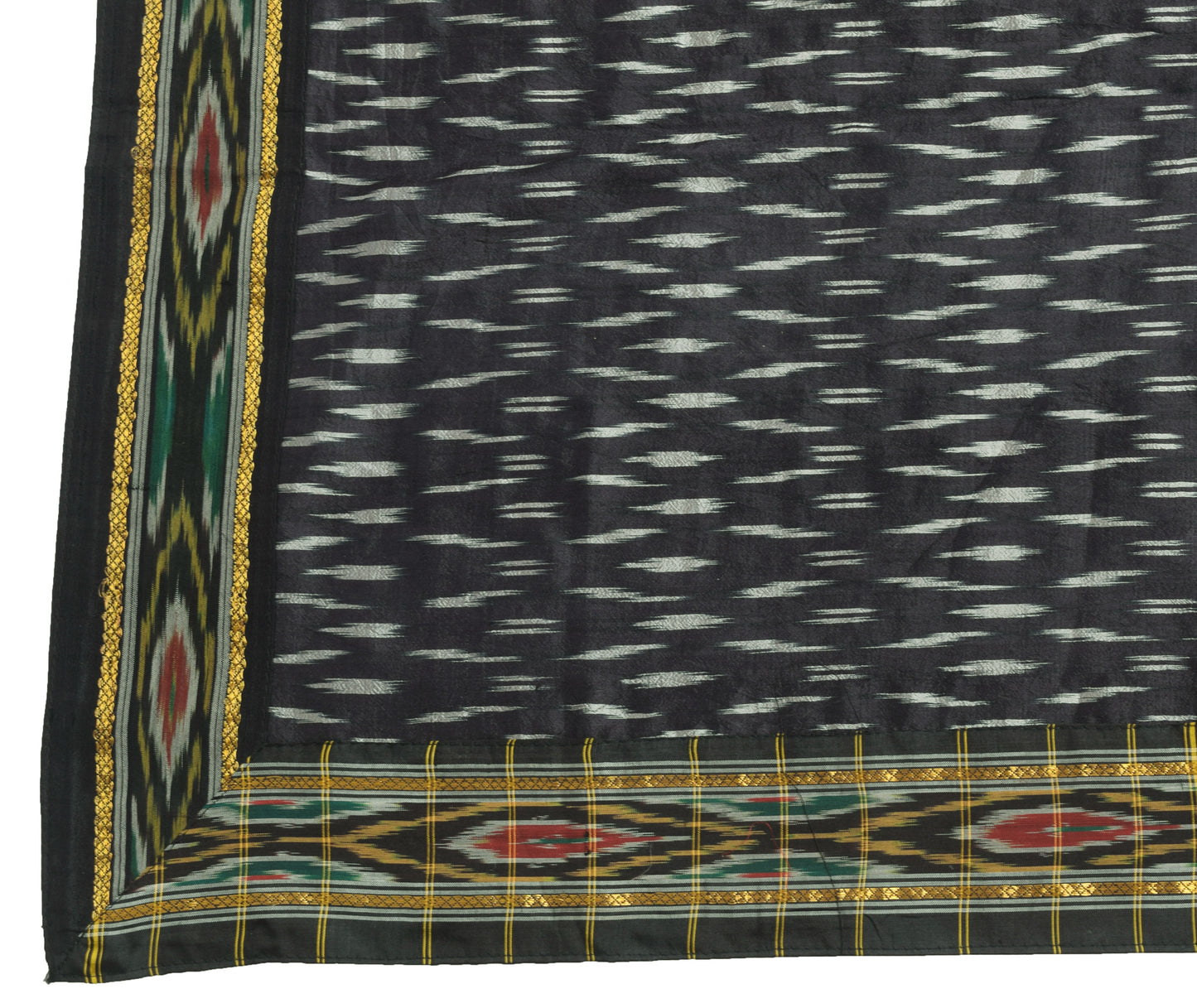 Sushila Vintage Black Hand Woven Ikkat Patola Dupatta 100% Pure Silk Long Stole