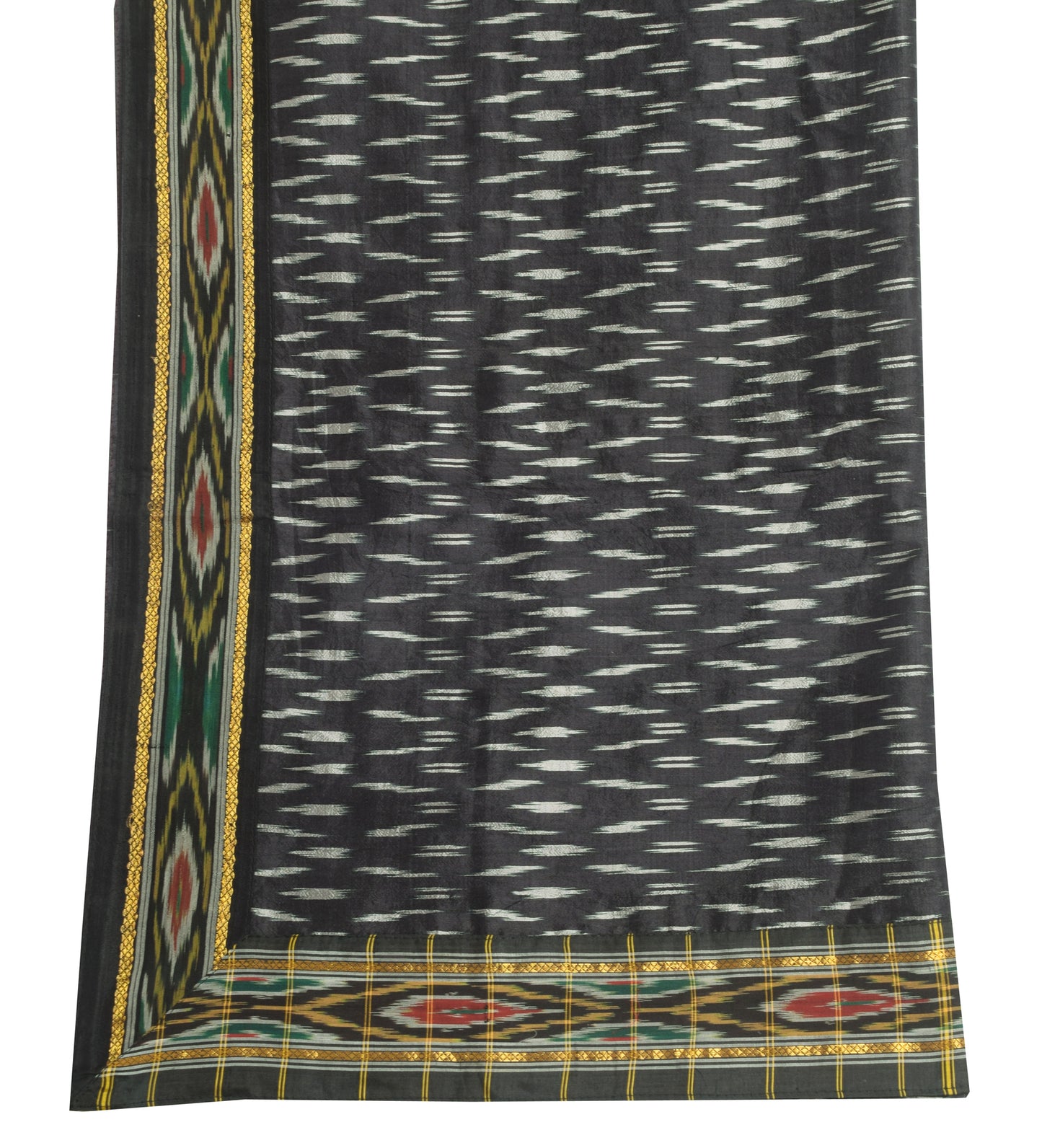Sushila Vintage Black Hand Woven Ikkat Patola Dupatta 100% Pure Silk Long Stole