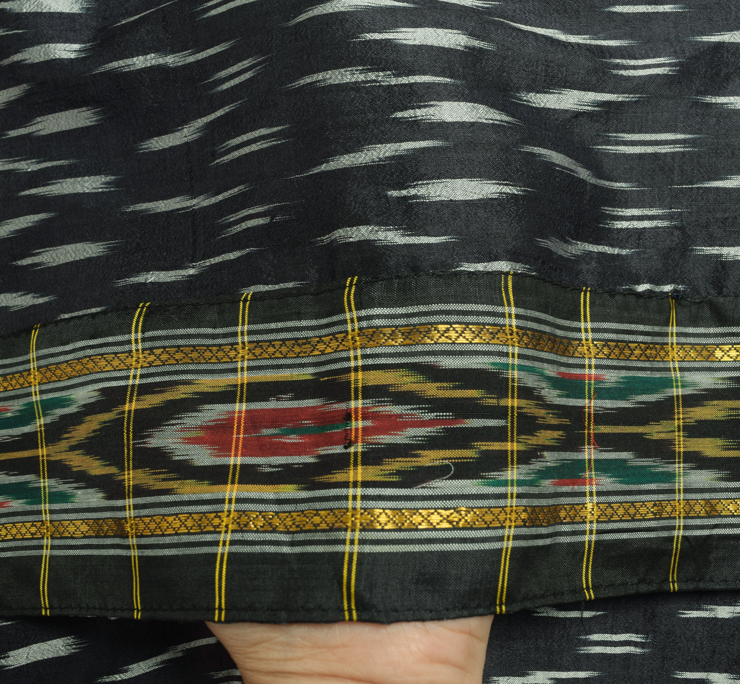 Sushila Vintage Black Hand Woven Ikkat Patola Dupatta 100% Pure Silk Long Stole