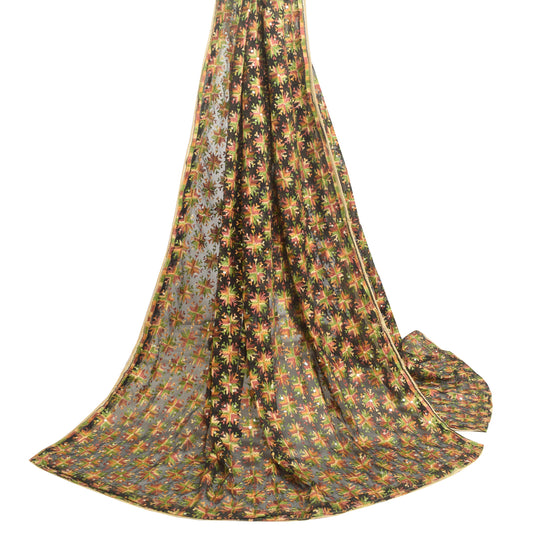 Sushila Vintage Black Chiffon Silk Dupatta Phulkari Embroidered Long Stole Veil