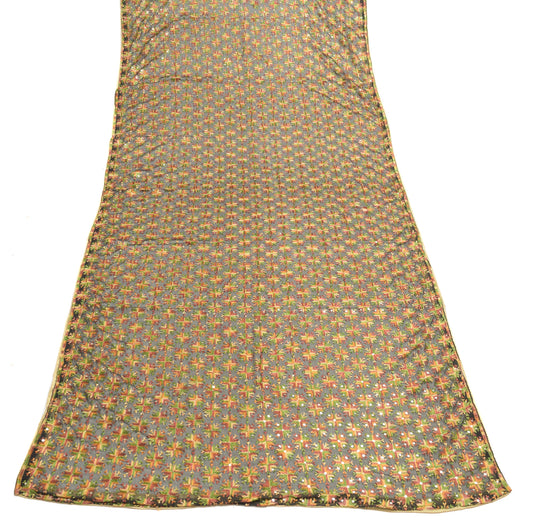 Sushila Vintage Black Chiffon Silk Dupatta Phulkari Embroidered Long Stole Veil