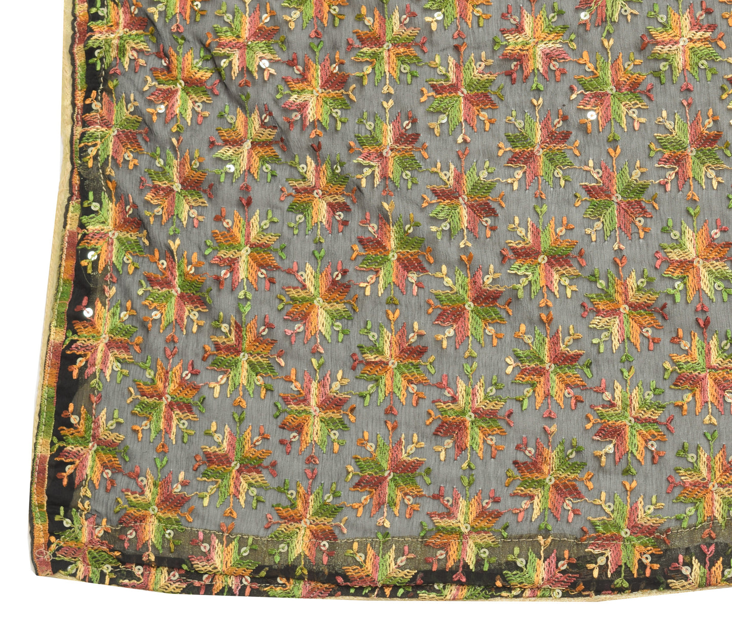 Sushila Vintage Black Chiffon Silk Dupatta Phulkari Embroidered Long Stole Veil