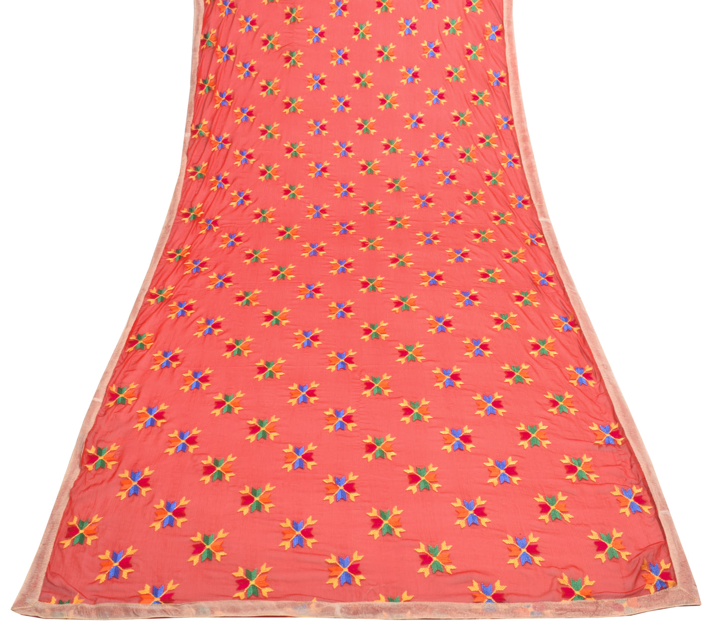 Sushila Vintage Red Floral Dupatta Chiffon Silk Phulkari Embroidered Long Stole