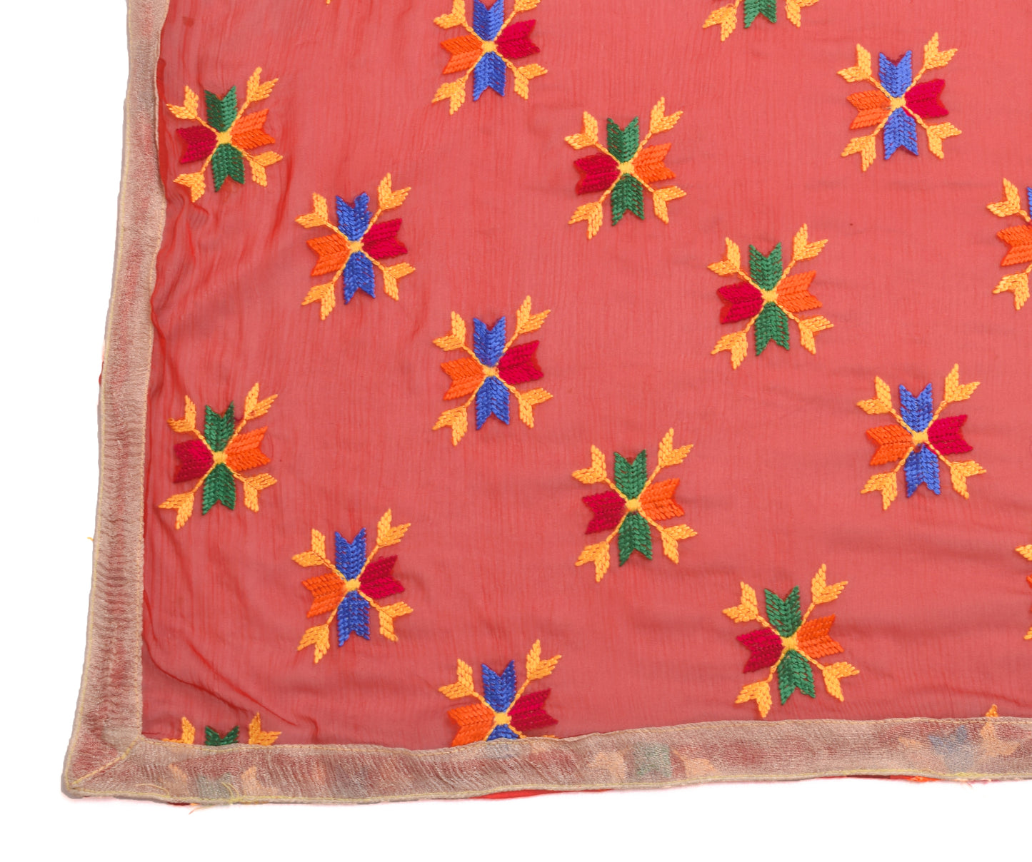 Sushila Vintage Red Floral Dupatta Chiffon Silk Phulkari Embroidered Long Stole