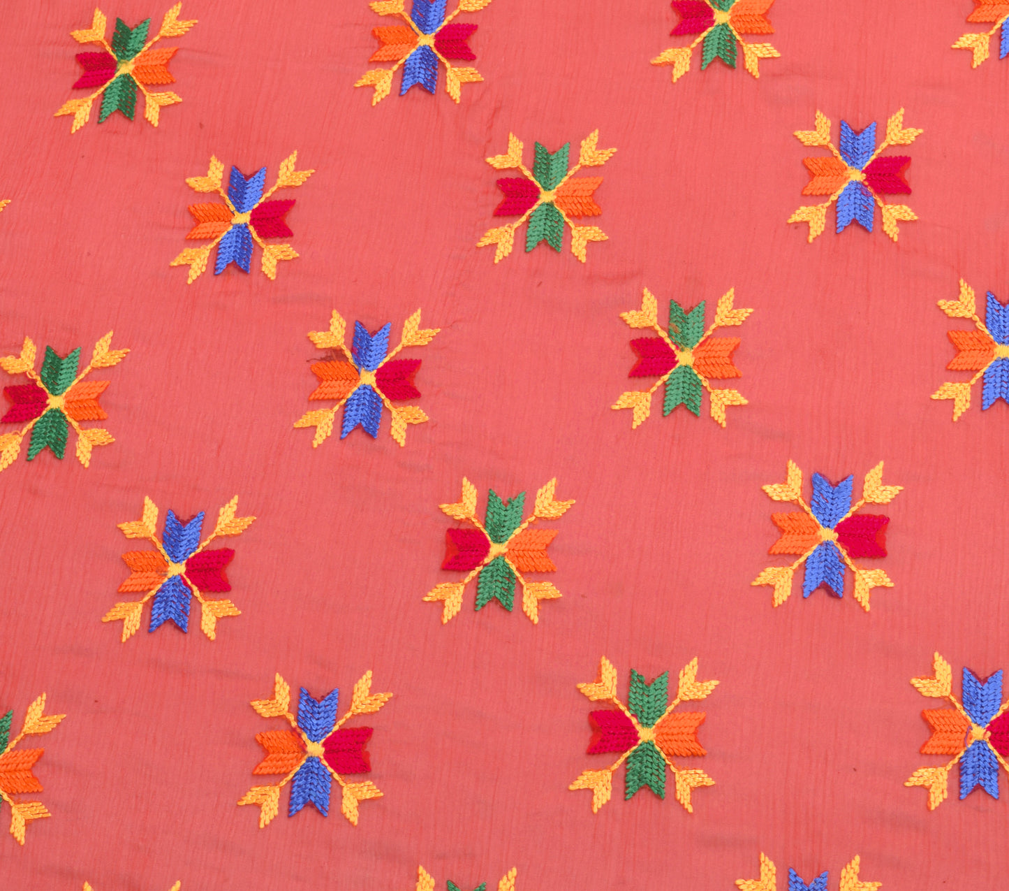 Sushila Vintage Red Floral Dupatta Chiffon Silk Phulkari Embroidered Long Stole