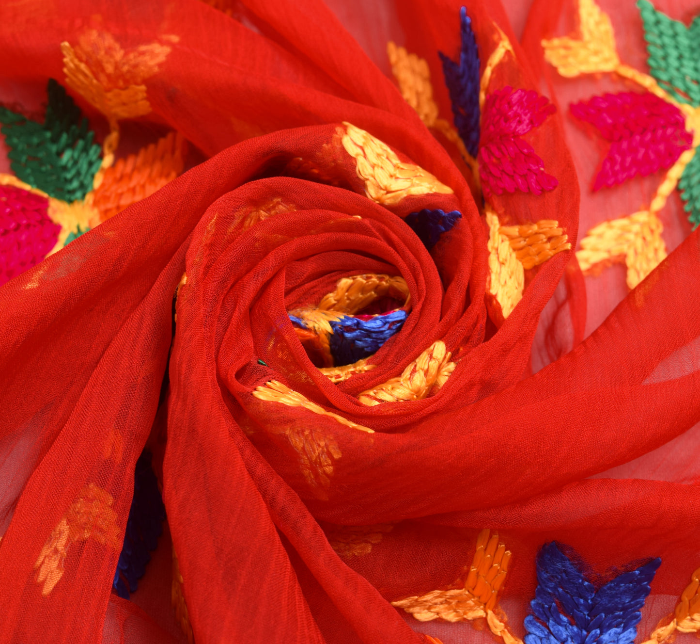 Sushila Vintage Red Floral Dupatta Chiffon Silk Phulkari Embroidered Long Stole