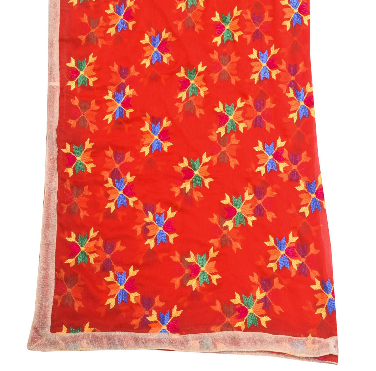 Sushila Vintage Red Floral Dupatta Chiffon Silk Phulkari Embroidered Long Stole