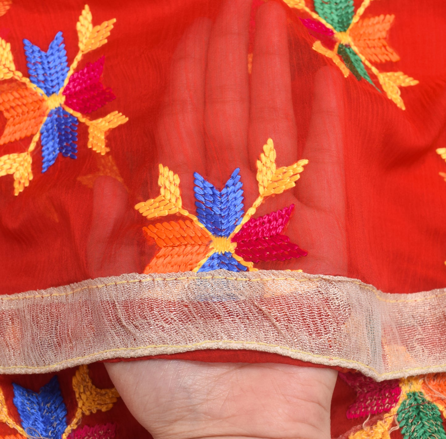 Sushila Vintage Red Floral Dupatta Chiffon Silk Phulkari Embroidered Long Stole