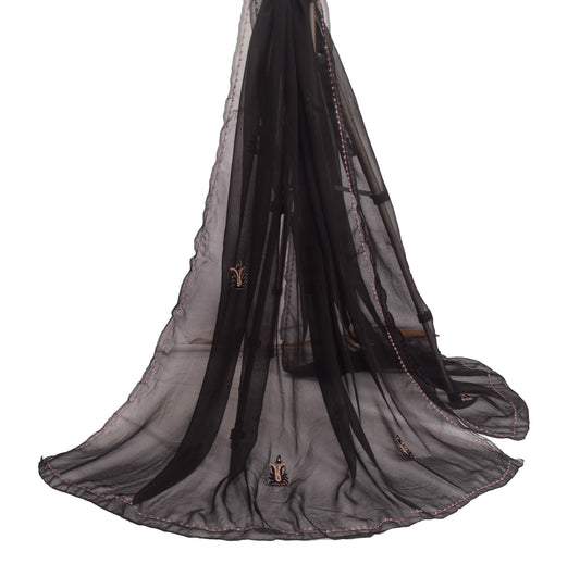 Sushila Vintage Black 100% Pure Georgette Silk Dupatta Embroidered Long Stole