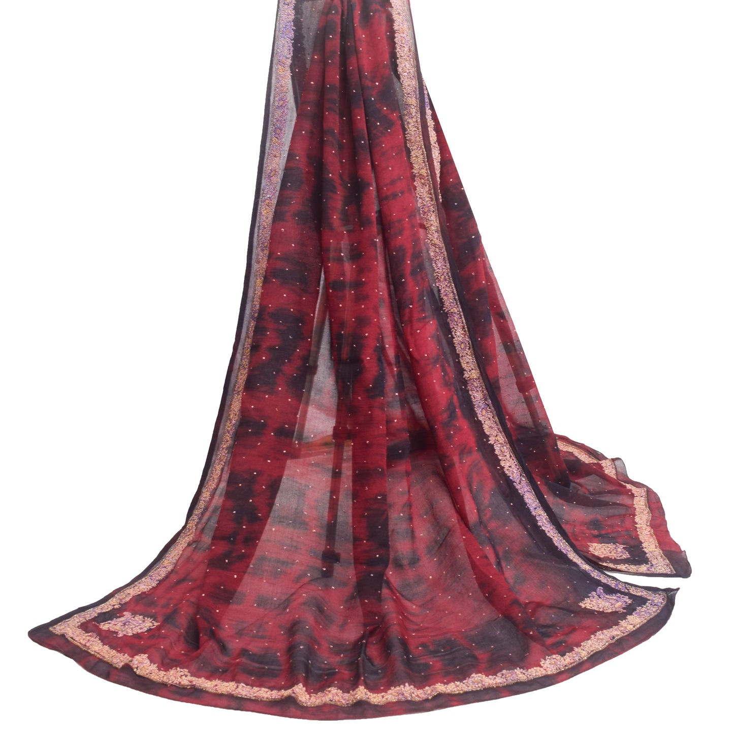 Sushila Vintage Maroon Tie-Dye Dupatta Chiffon Pure Silk Hand Beaded Long Stole