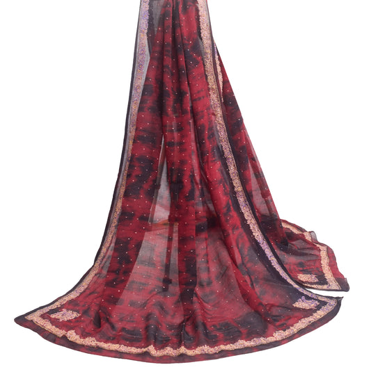 Sushila Vintage Maroon Tie-Dye Dupatta Chiffon Pure Silk Hand Beaded Long Stole