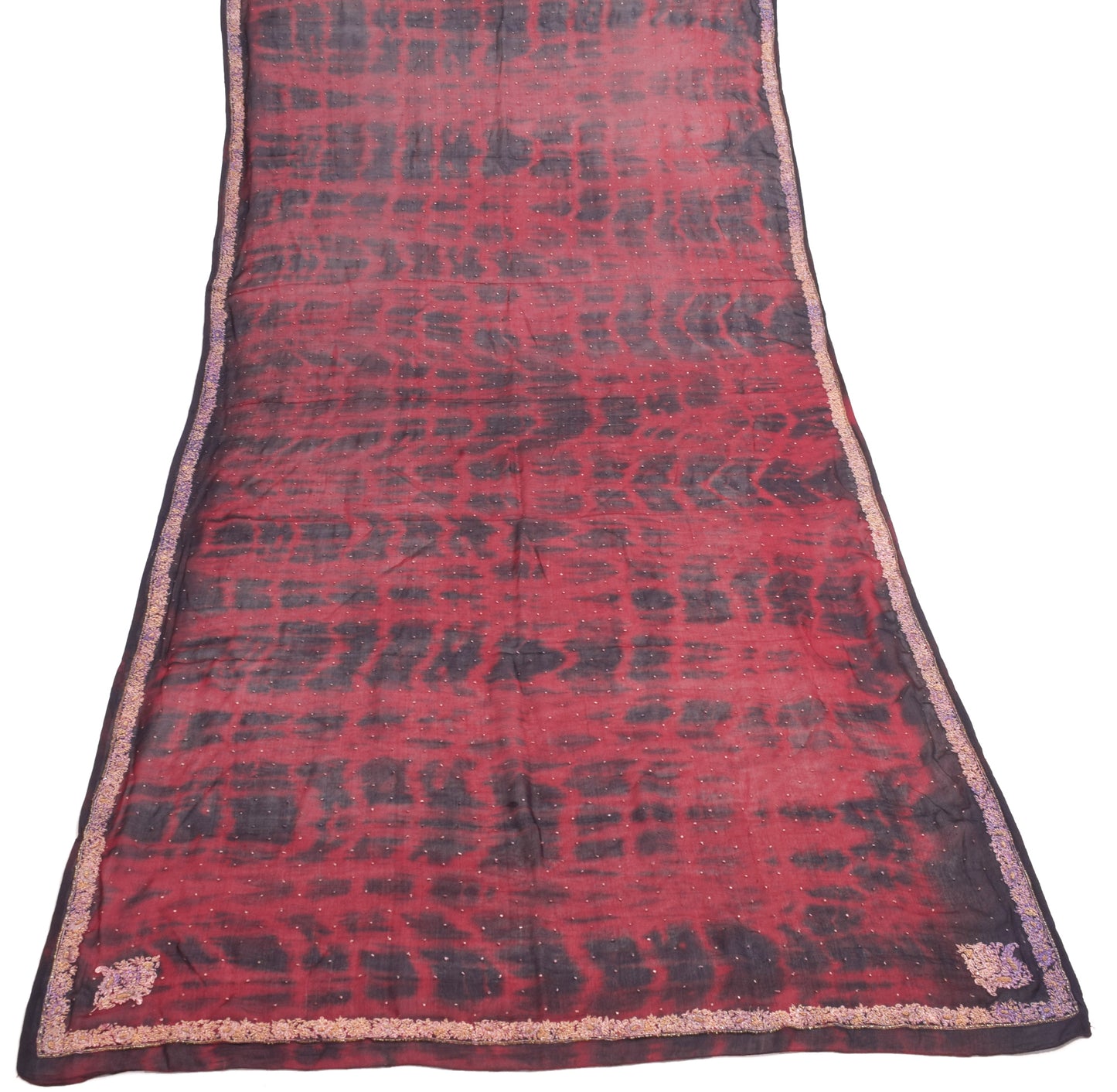 Sushila Vintage Maroon Tie-Dye Dupatta Chiffon Pure Silk Hand Beaded Long Stole