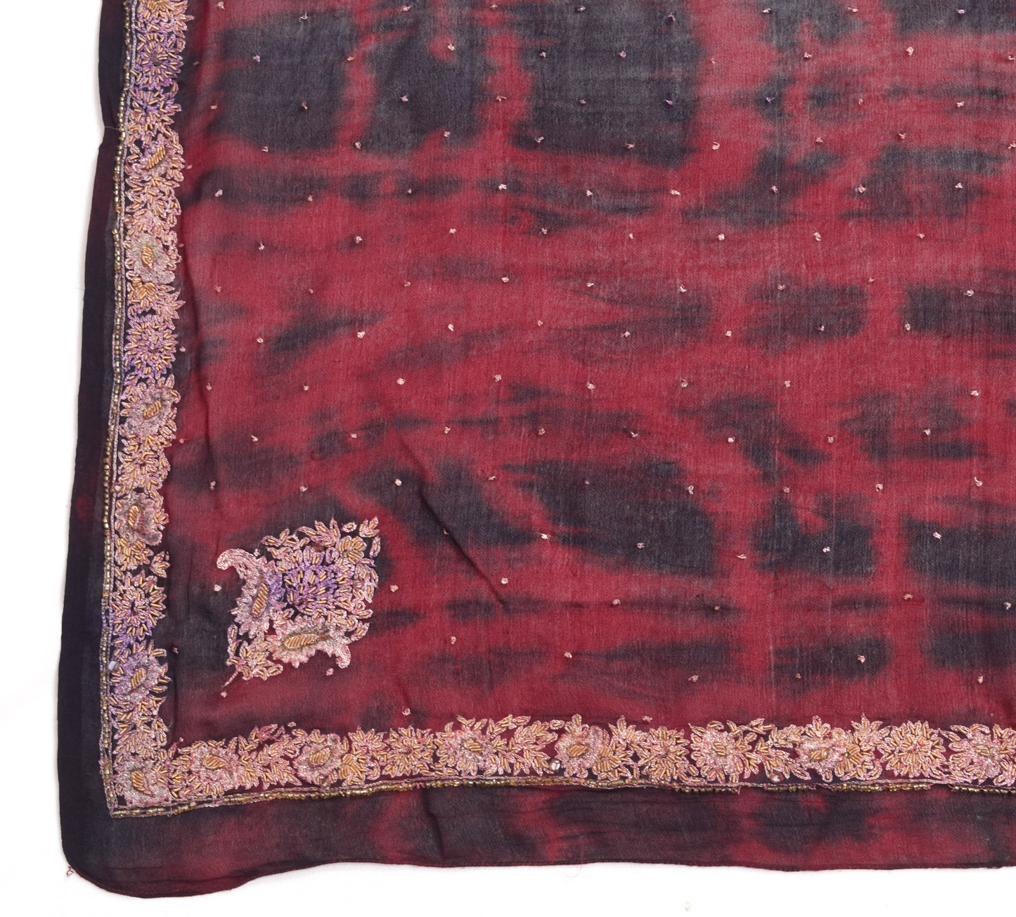 Sushila Vintage Maroon Tie-Dye Dupatta Chiffon Pure Silk Hand Beaded Long Stole