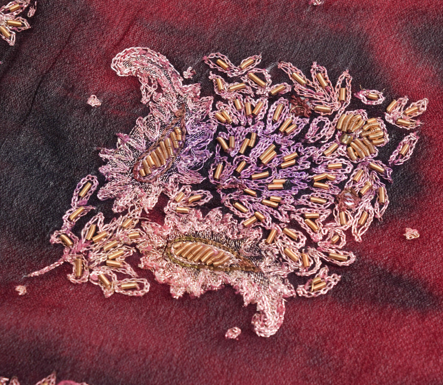 Sushila Vintage Maroon Tie-Dye Dupatta Chiffon Pure Silk Hand Beaded Long Stole