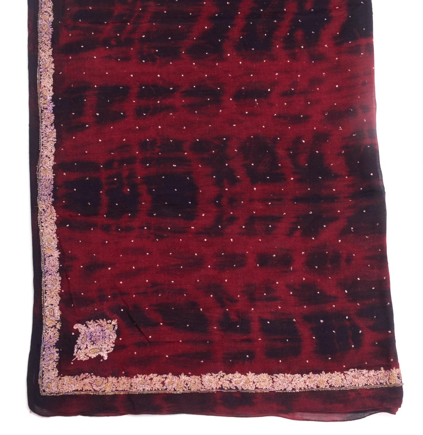 Sushila Vintage Maroon Tie-Dye Dupatta Chiffon Pure Silk Hand Beaded Long Stole