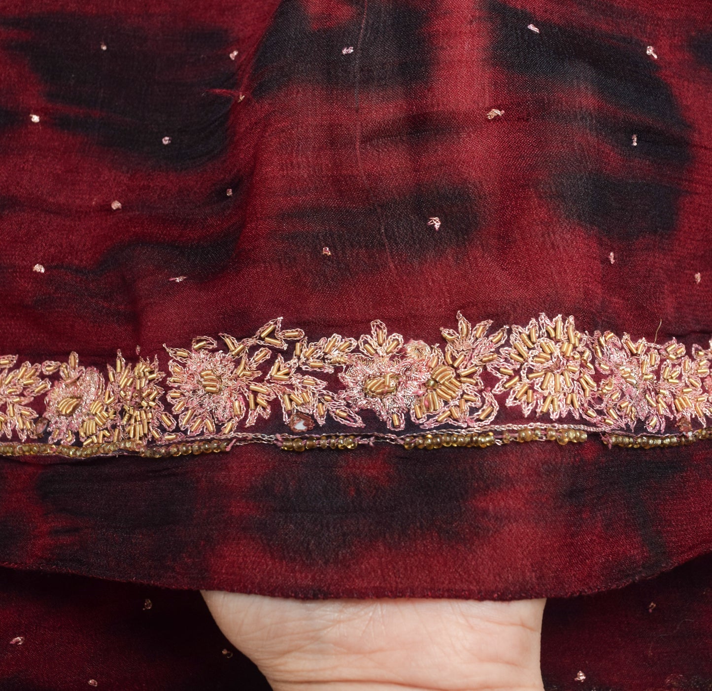 Sushila Vintage Maroon Tie-Dye Dupatta Chiffon Pure Silk Hand Beaded Long Stole