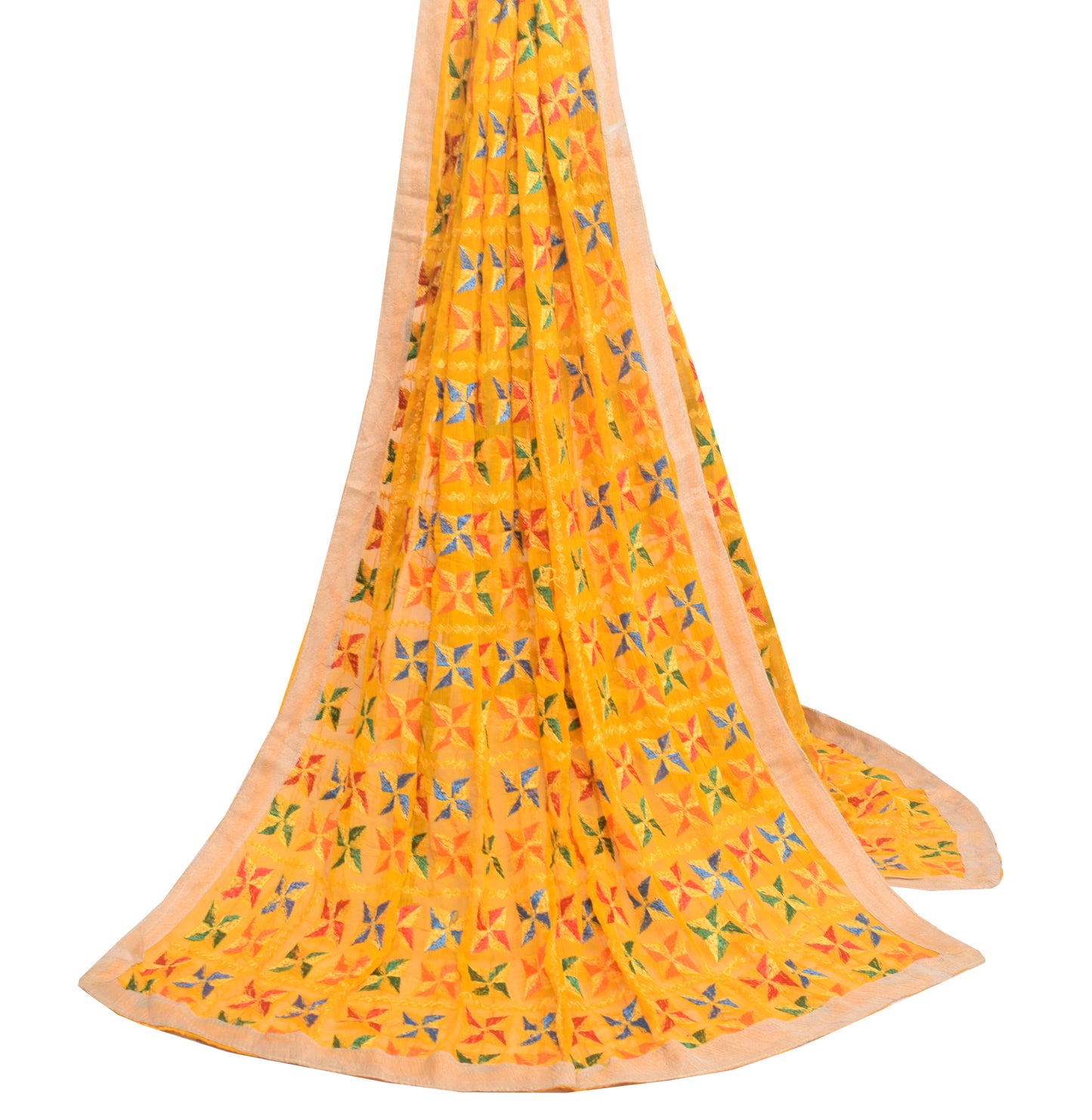 Sushila Vintage Yellow Chiffon Silk Dupatta Phulkari Embroidered Long Stole Veil
