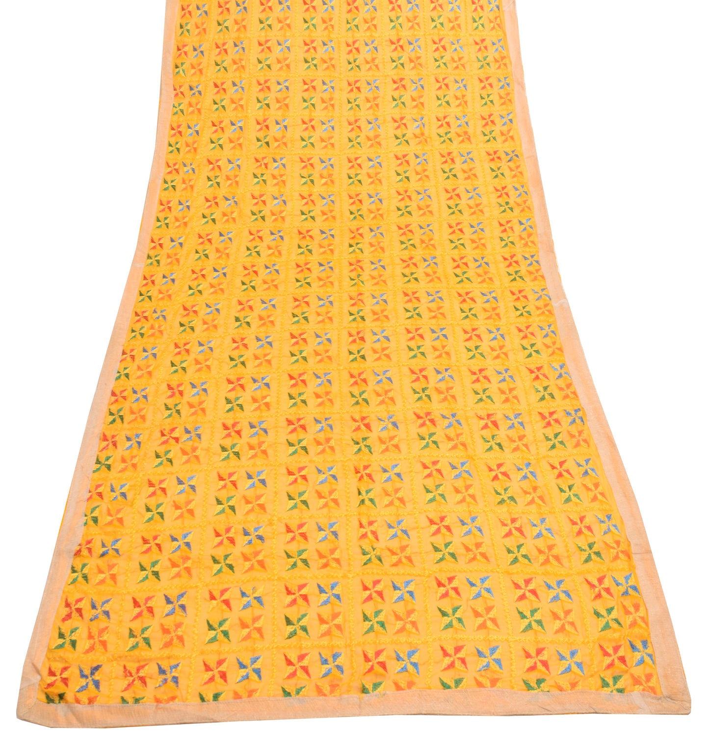 Sushila Vintage Yellow Chiffon Silk Dupatta Phulkari Embroidered Long Stole Veil