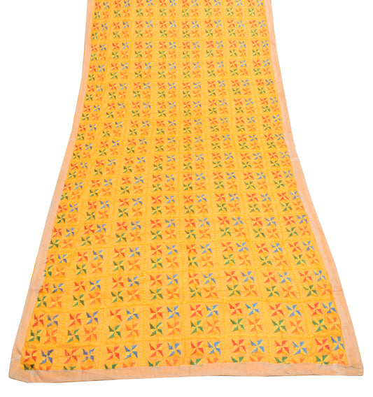 Sushila Vintage Yellow Chiffon Silk Dupatta Phulkari Embroidered Long Stole Veil