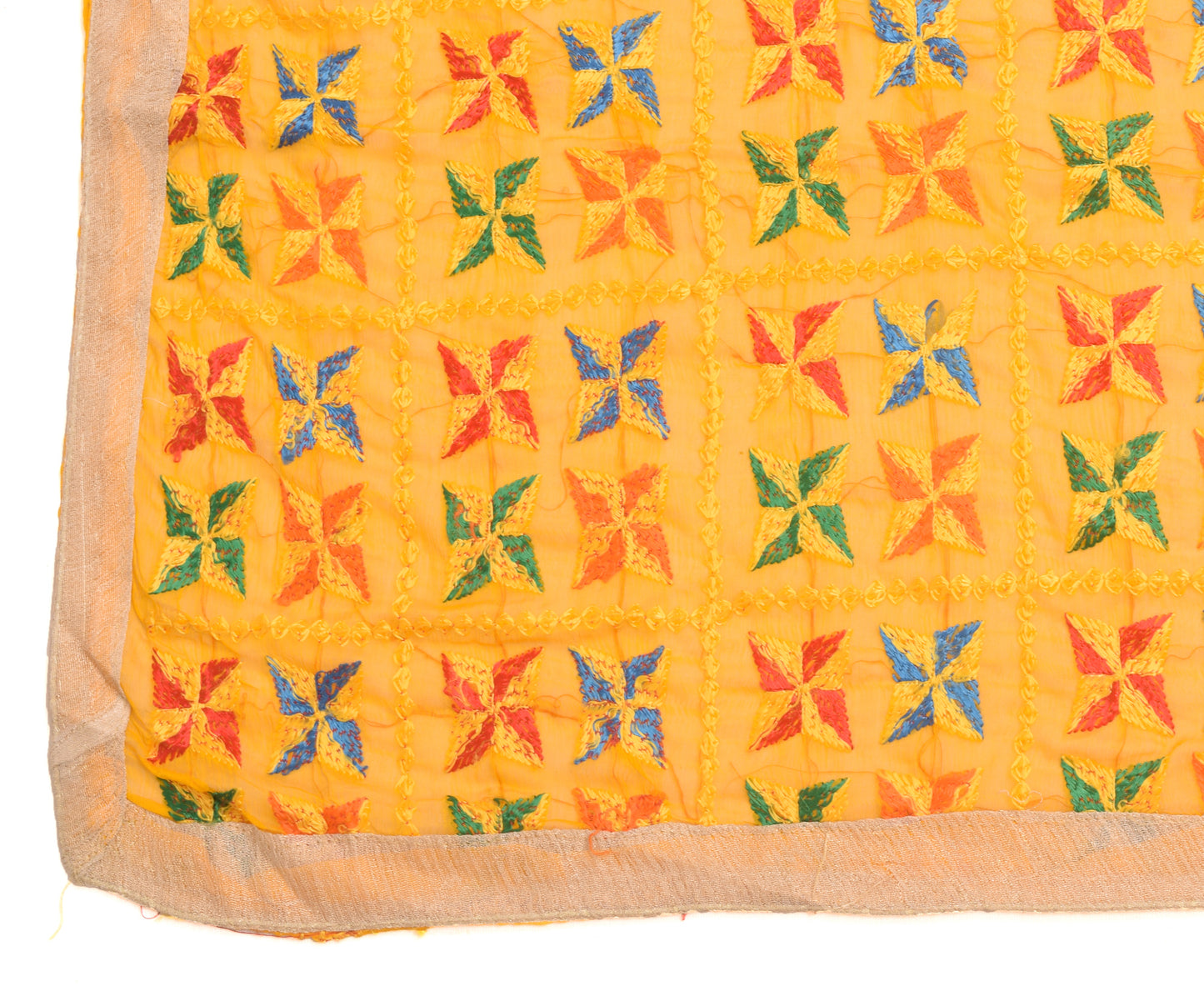 Sushila Vintage Yellow Chiffon Silk Dupatta Phulkari Embroidered Long Stole Veil