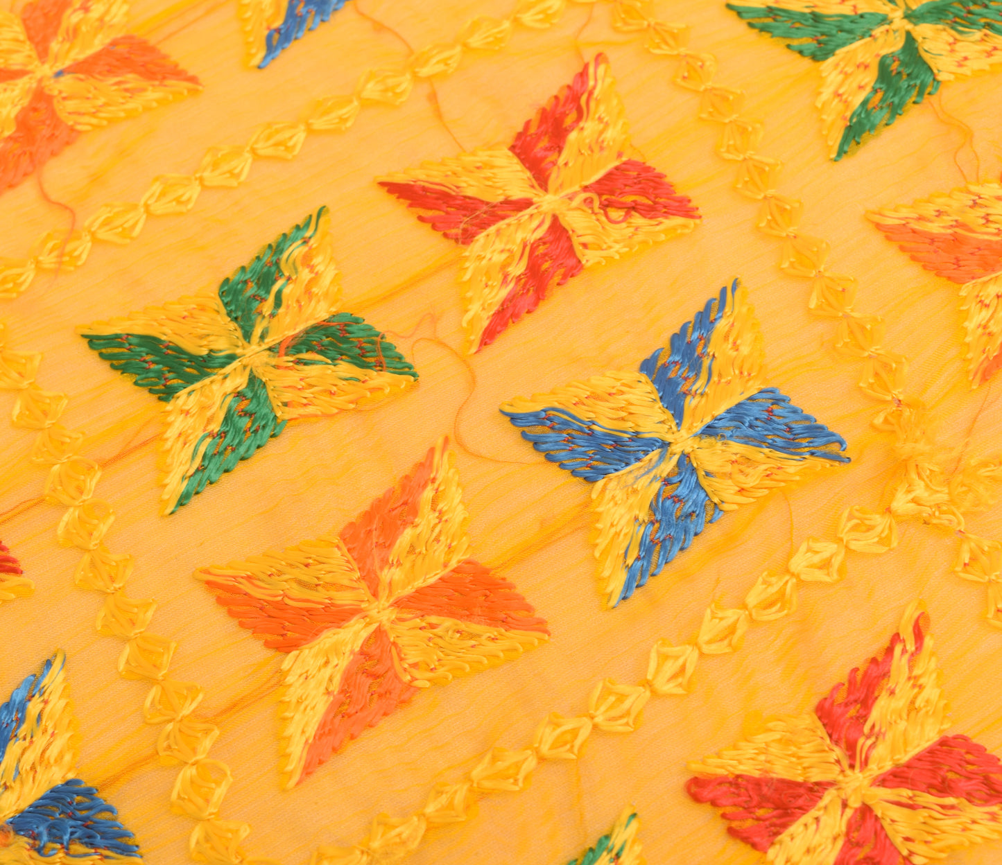 Sushila Vintage Yellow Chiffon Silk Dupatta Phulkari Embroidered Long Stole Veil