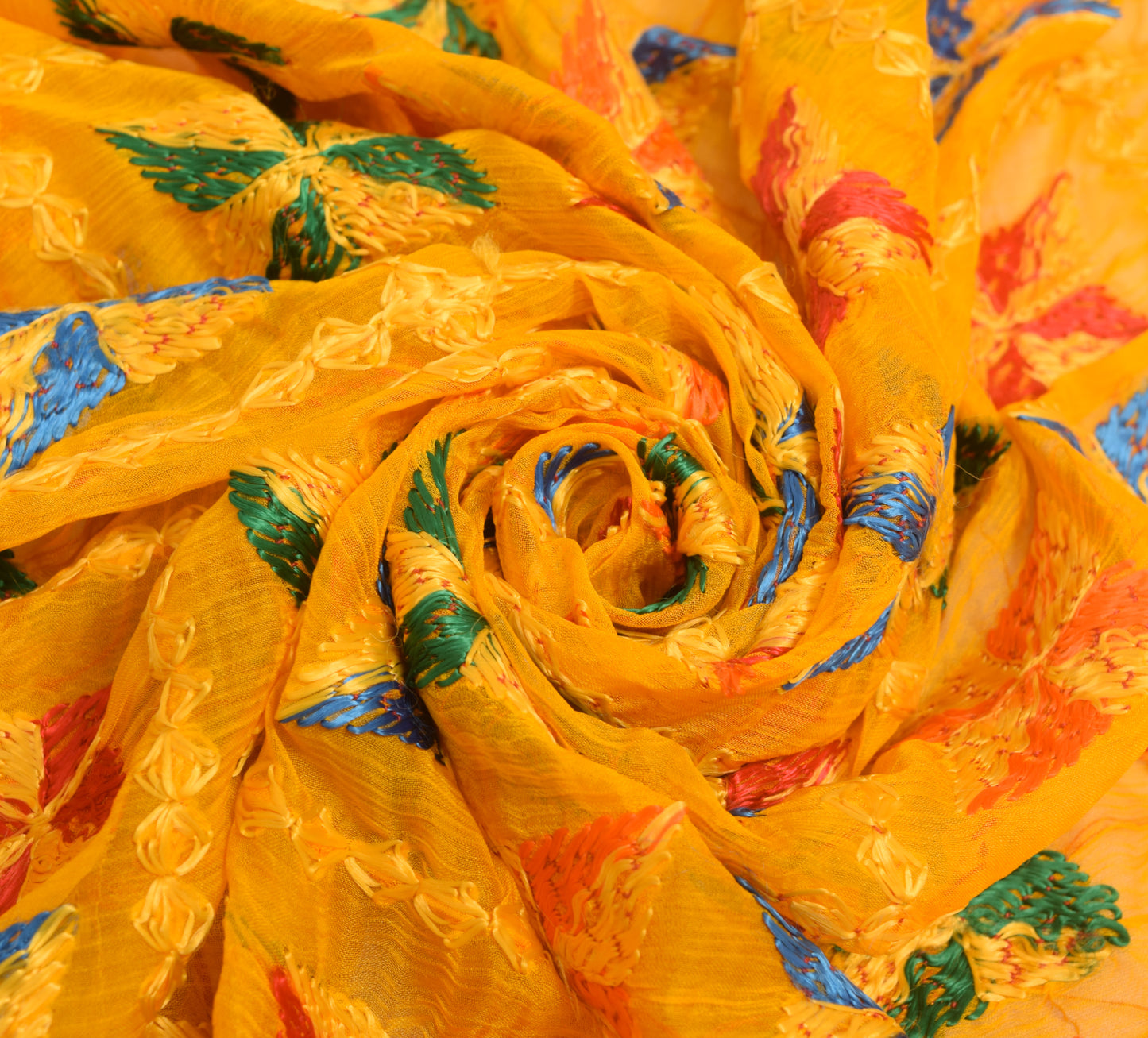 Sushila Vintage Yellow Chiffon Silk Dupatta Phulkari Embroidered Long Stole Veil