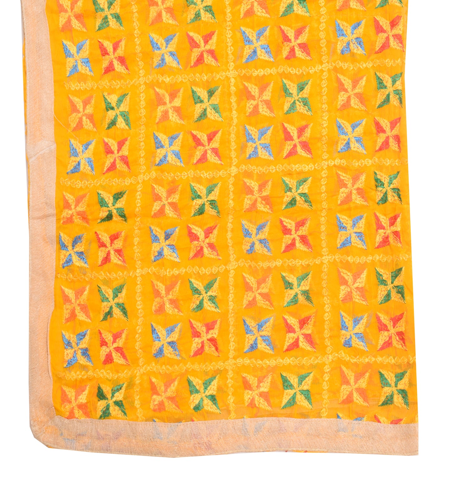 Sushila Vintage Yellow Chiffon Silk Dupatta Phulkari Embroidered Long Stole Veil