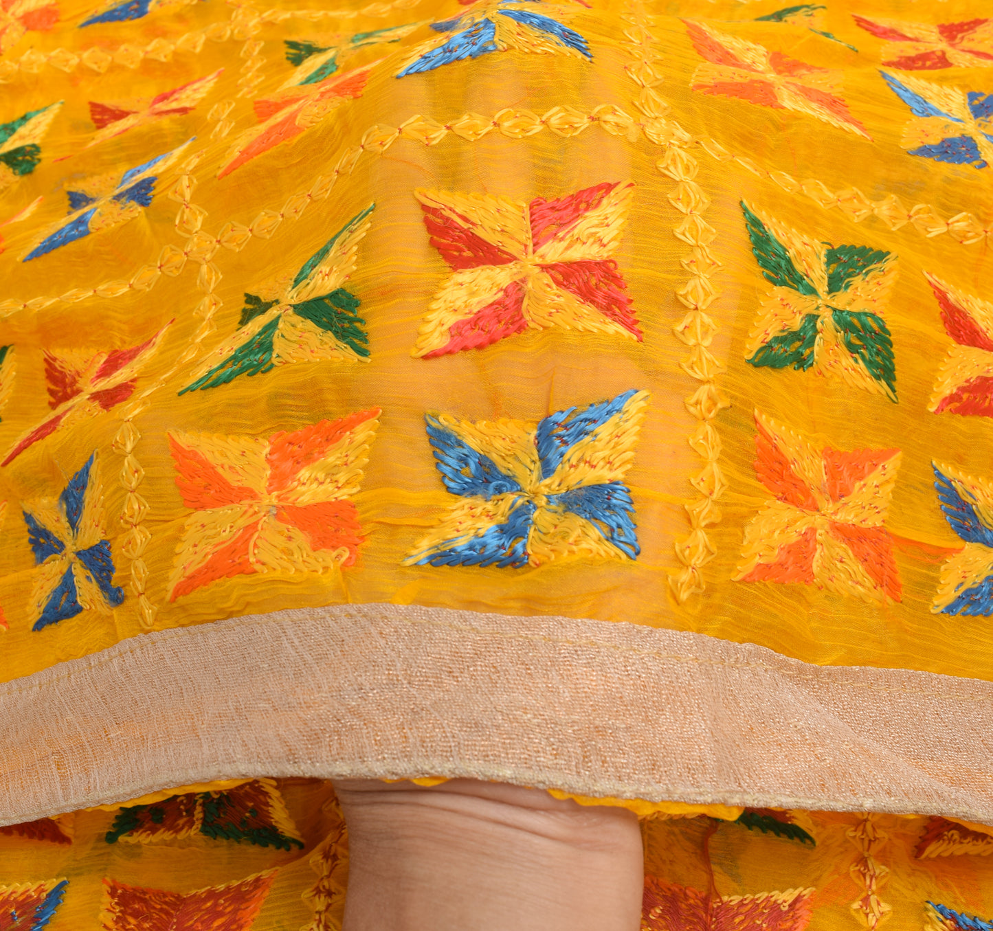 Sushila Vintage Yellow Chiffon Silk Dupatta Phulkari Embroidered Long Stole Veil