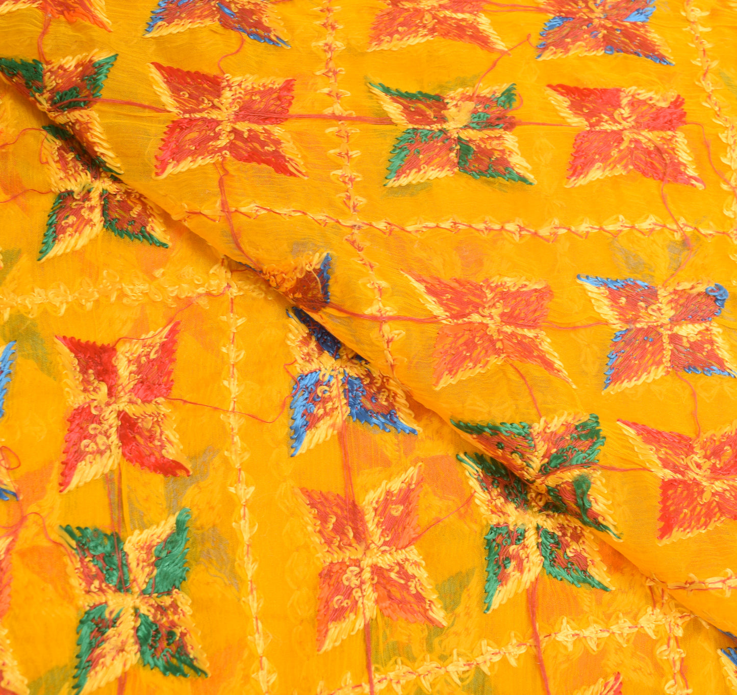 Sushila Vintage Yellow Chiffon Silk Dupatta Phulkari Embroidered Long Stole Veil