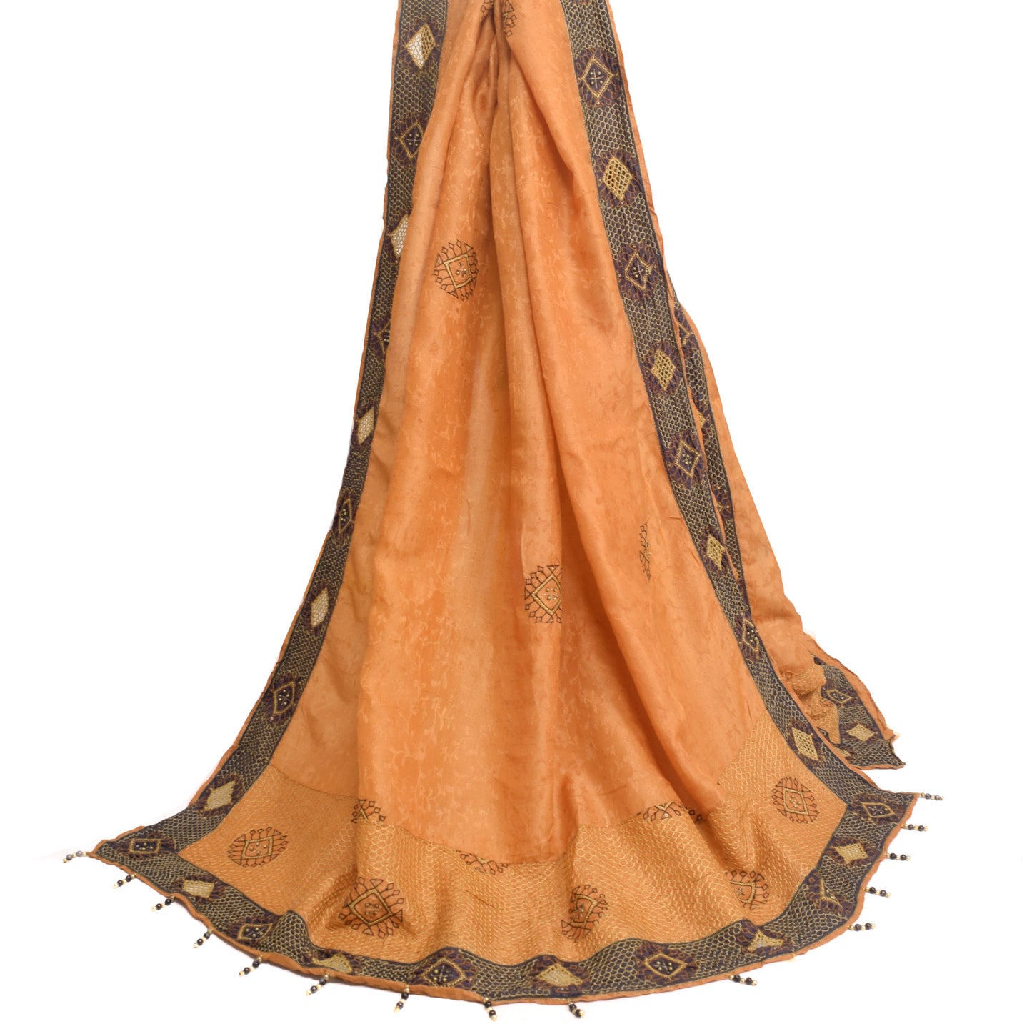 Sushila Vintage Brown 100% Pure Silk Dupatta Embroidered Floral Long Stole Wrap