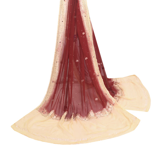 Sushila Vintage Dark Red Zari Brocade Dupatta Georgette Silk Floral Long Stole