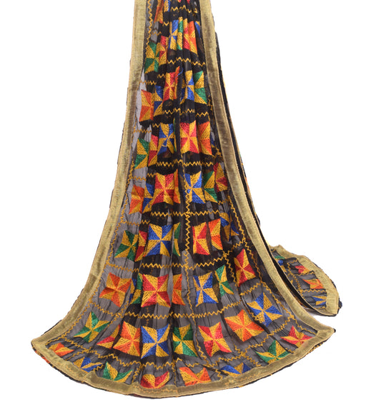 Sushila Vintage Black Chiffon Silk Dupatta Phulkari Embroidered Long Stole Wrap