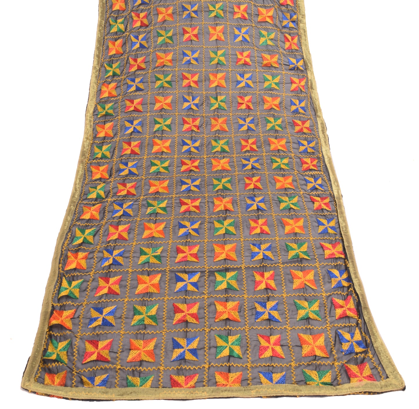 Sushila Vintage Black Chiffon Silk Dupatta Phulkari Embroidered Long Stole Wrap